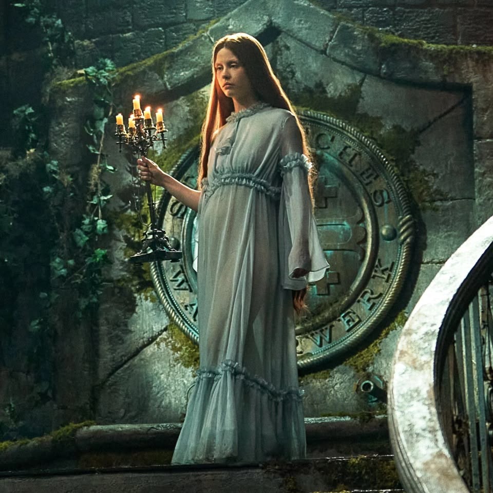 Sheer nightgown, staircase scene