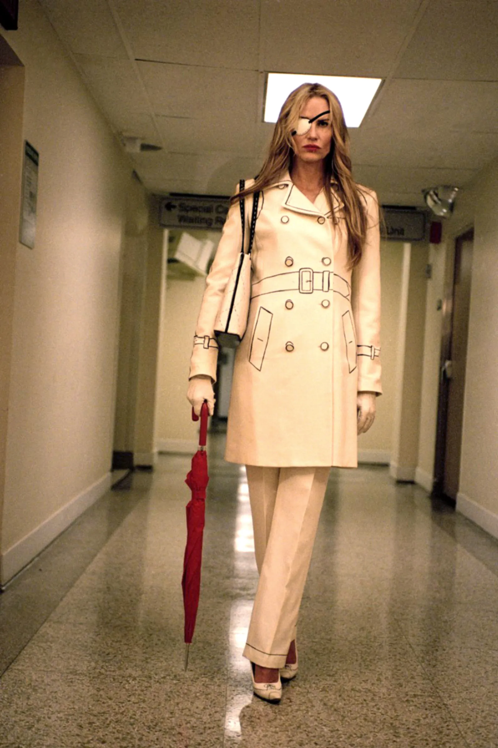 Cream trench suit, hospital corridor