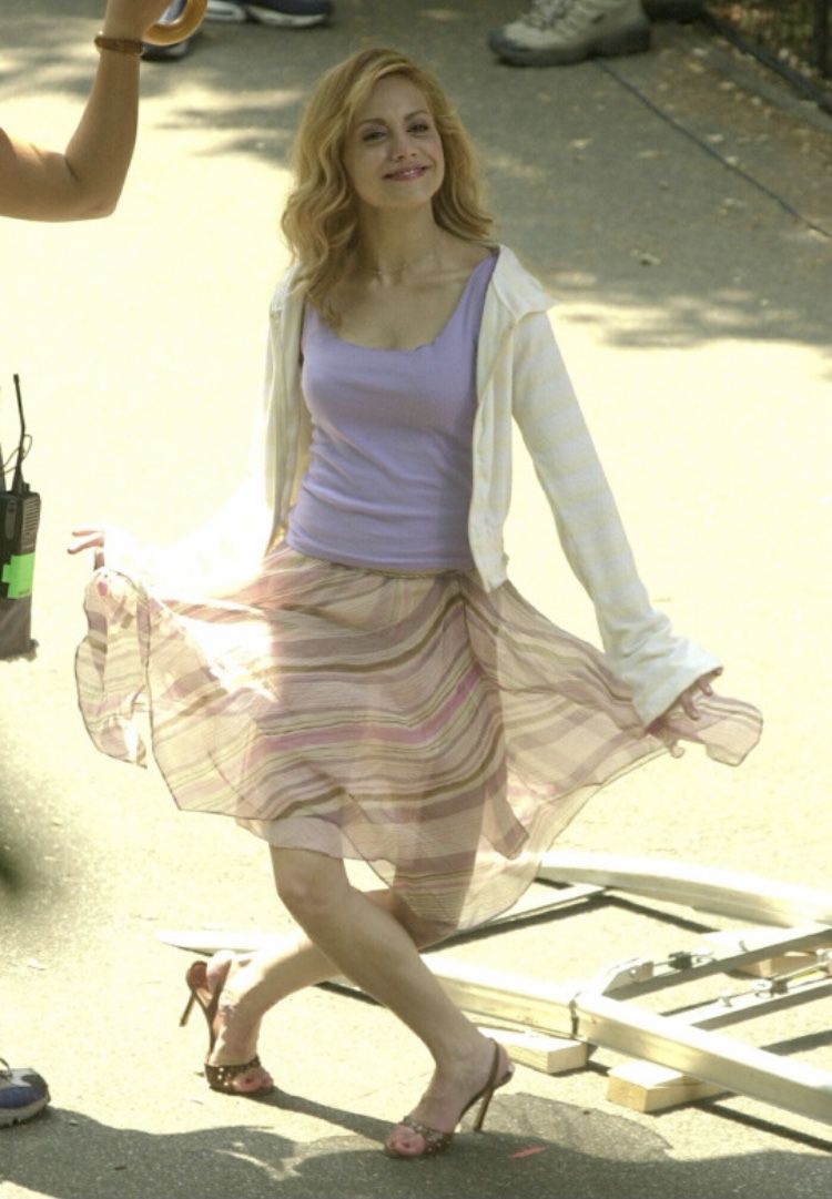 Lilac tank and striped midi skirt