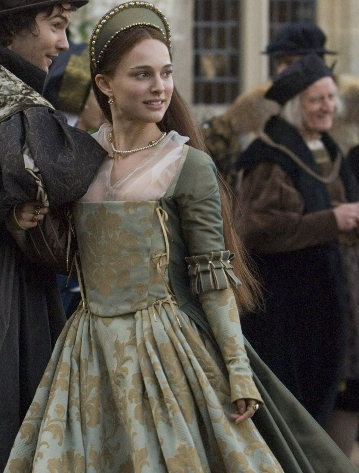 Sage and gold damask gown