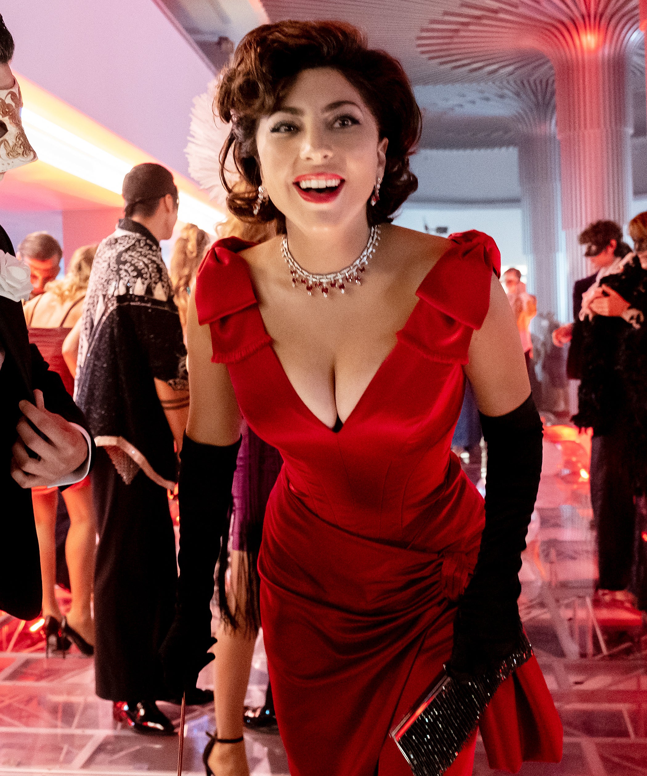 Low-cut red evening dress