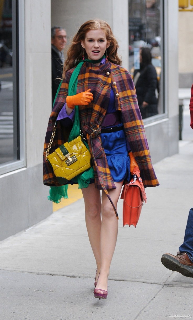 Plaid cape coat, statement bags