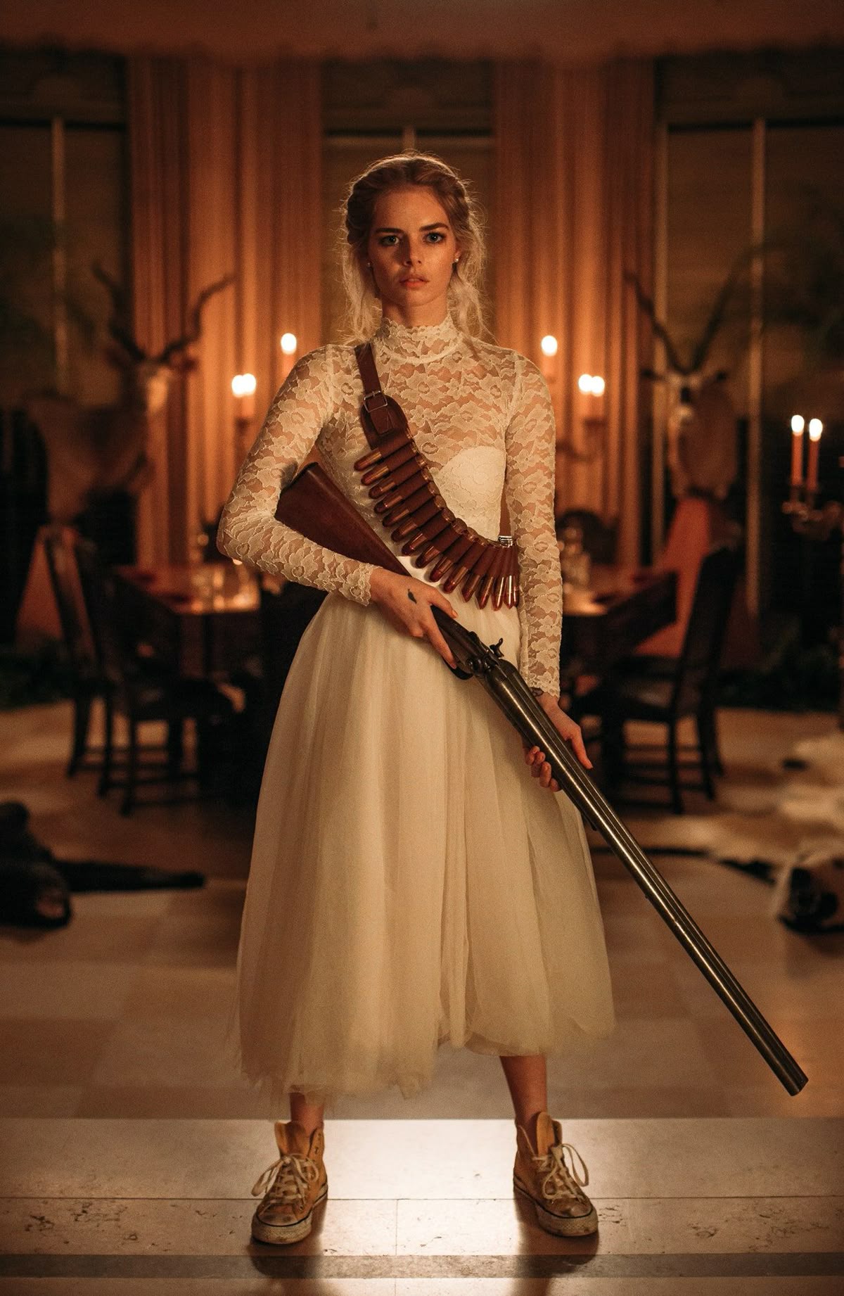 Wedding dress, shotgun in hand