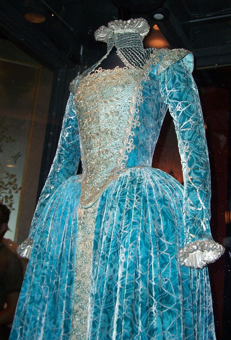 Turquoise beaded gown (costume display)
